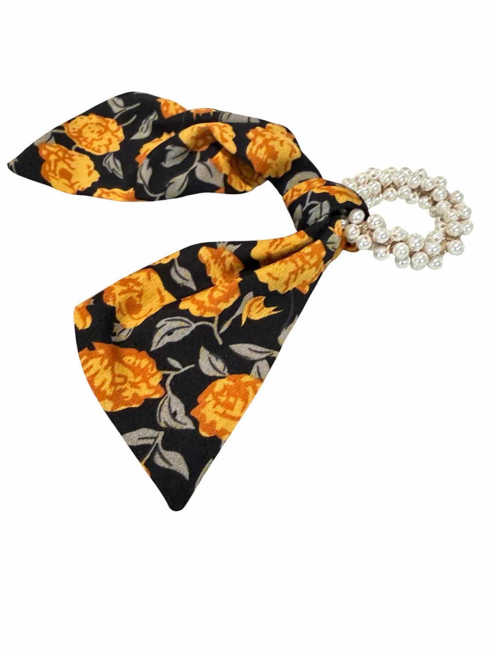 Pearl Hair Tie with Black Floral Scarf New